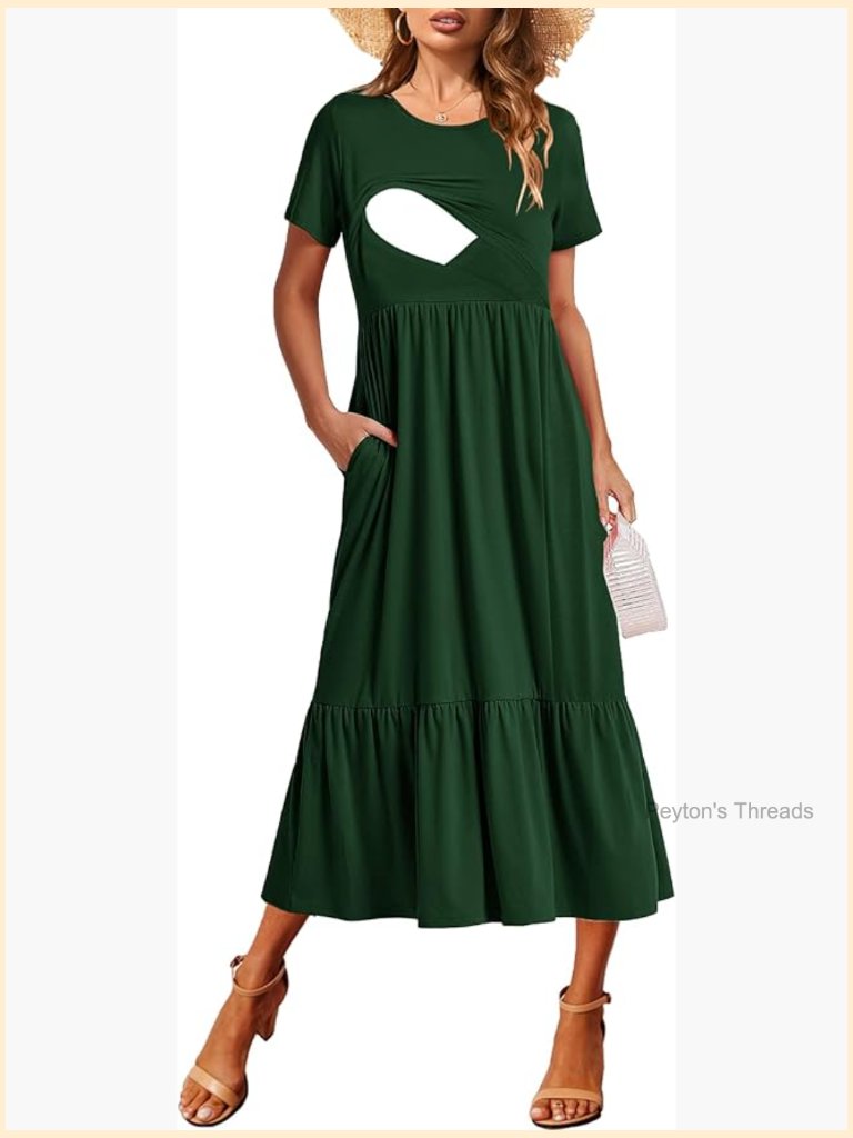 Nursing Short Sleeve Crew Neck Maternity Flowy Tiered Maxi Dress With Pockets